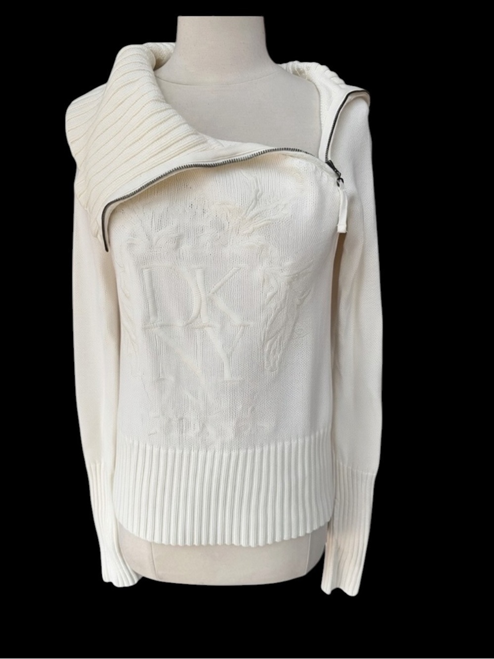 Late 1990s/Y2K DKNY 100% Cotton Asymmetrical Zippered Cowl Neck Embossed Logo Sw